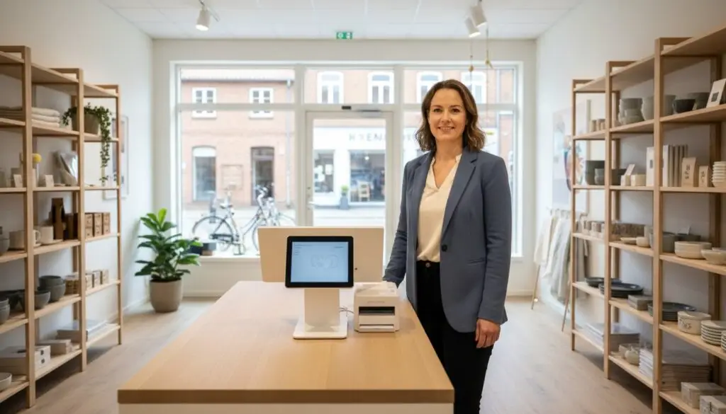 Kvinde i butik ved kassesystem, som vist i Admind guide 2026.