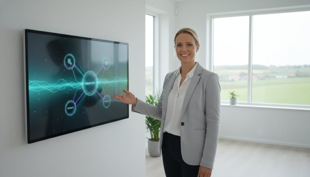 Kvinde præsenterer ERP system på skærm med Webtop i midten