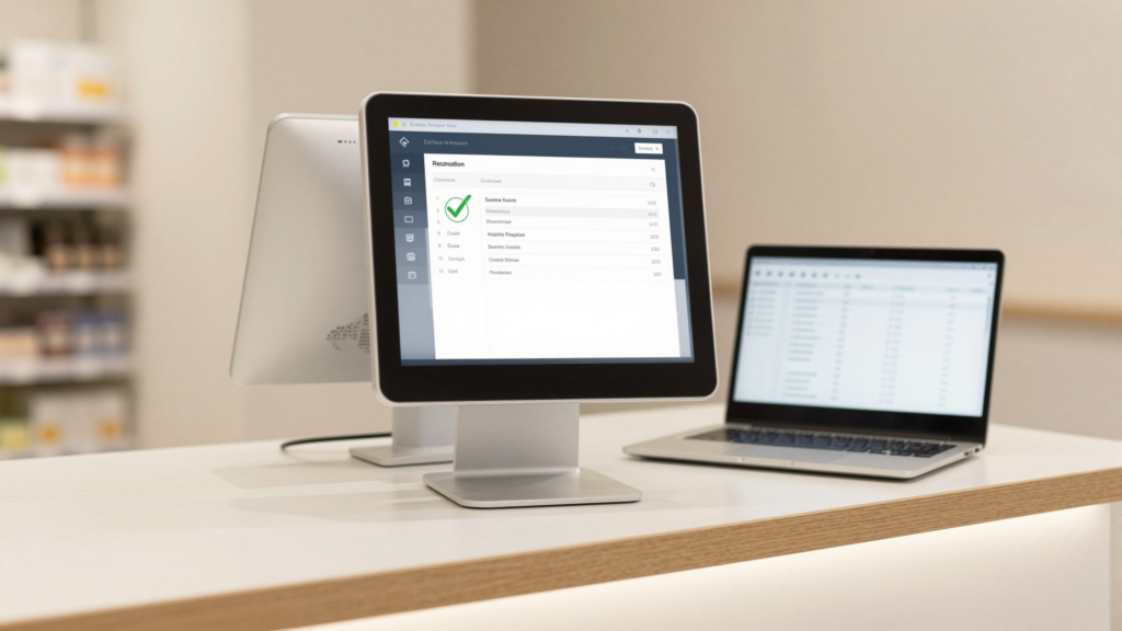 Moderne POS-touchskærm med kvittering og laptop med regnskabs-dashboard — Admind RETAIL og OFFICE integreret kasseløsning
